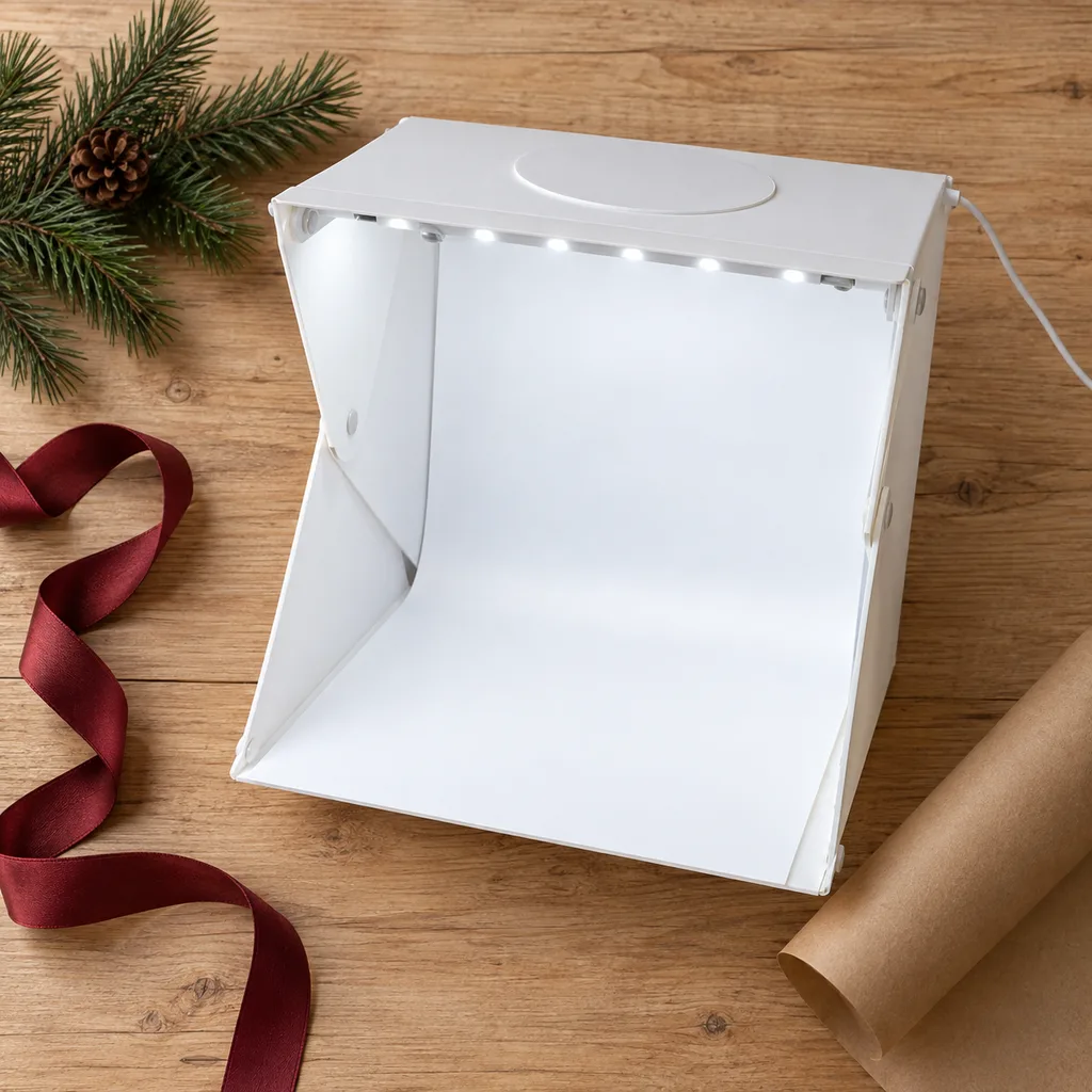 Representative photo-style image of portable mini photo studio box — generated, not a specific product