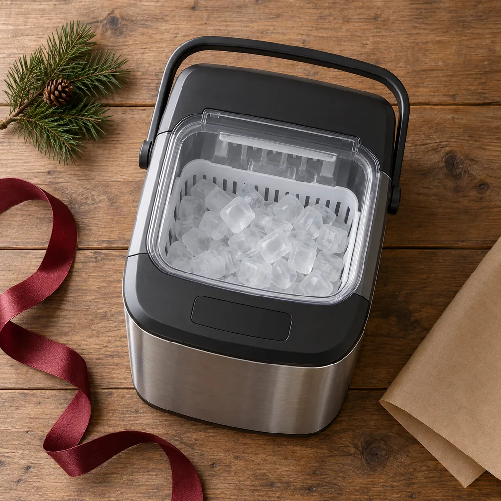 Representative photo-style image of portable outdoor ice maker — generated, not a specific product