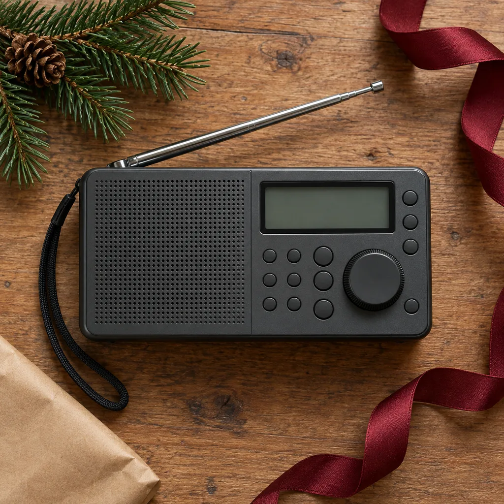 Representative photo-style image of portable shortwave radio receiver — generated, not a specific product