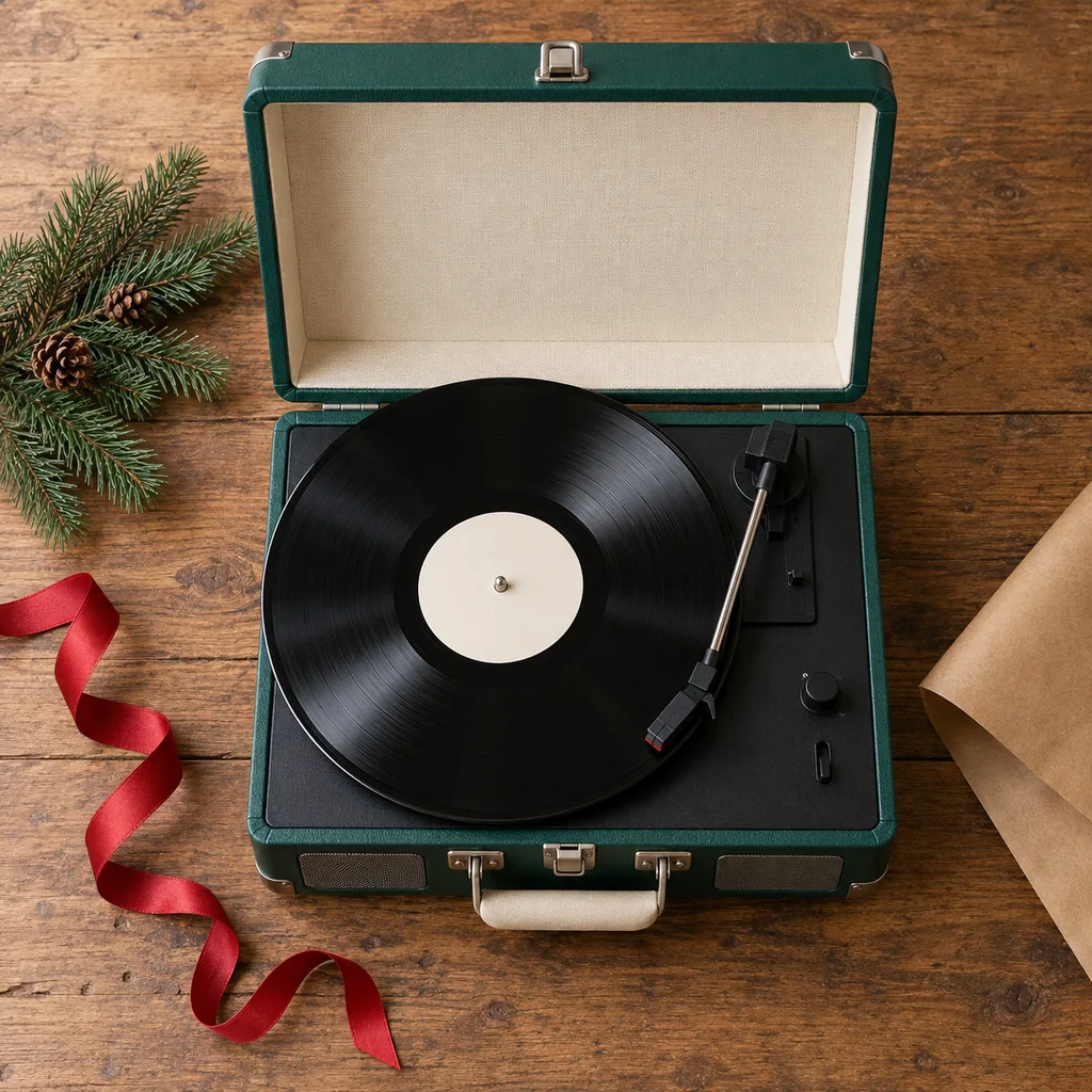 Representative photo-style image of portable suitcase style record player — generated, not a specific product