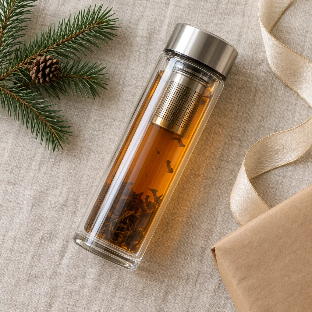 Representative photo-style image of portable tea infuser flask — generated, not a specific product