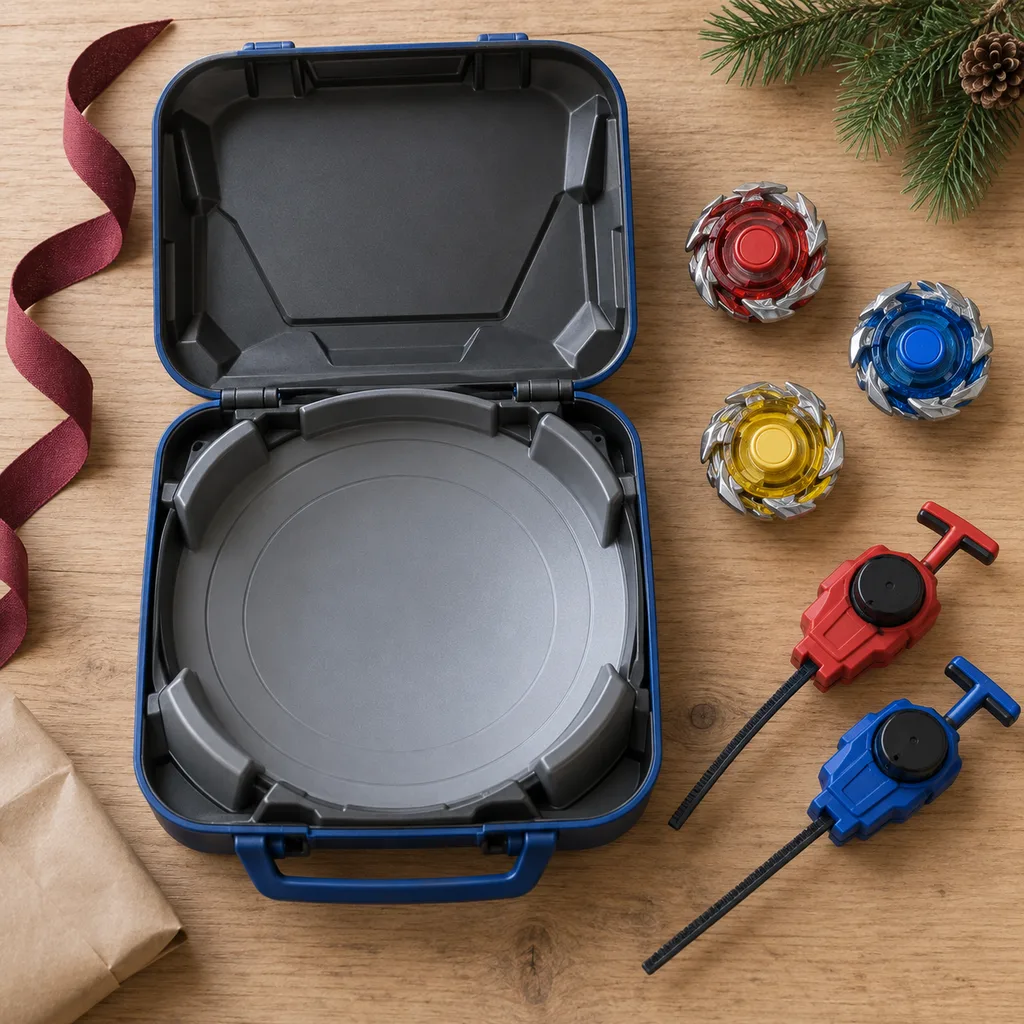 Representative photo-style image of portable travel battle top set — generated, not a specific product