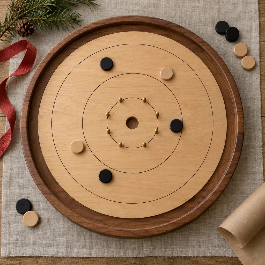 Representative photo-style image of portable travel crokinole game — generated, not a specific product