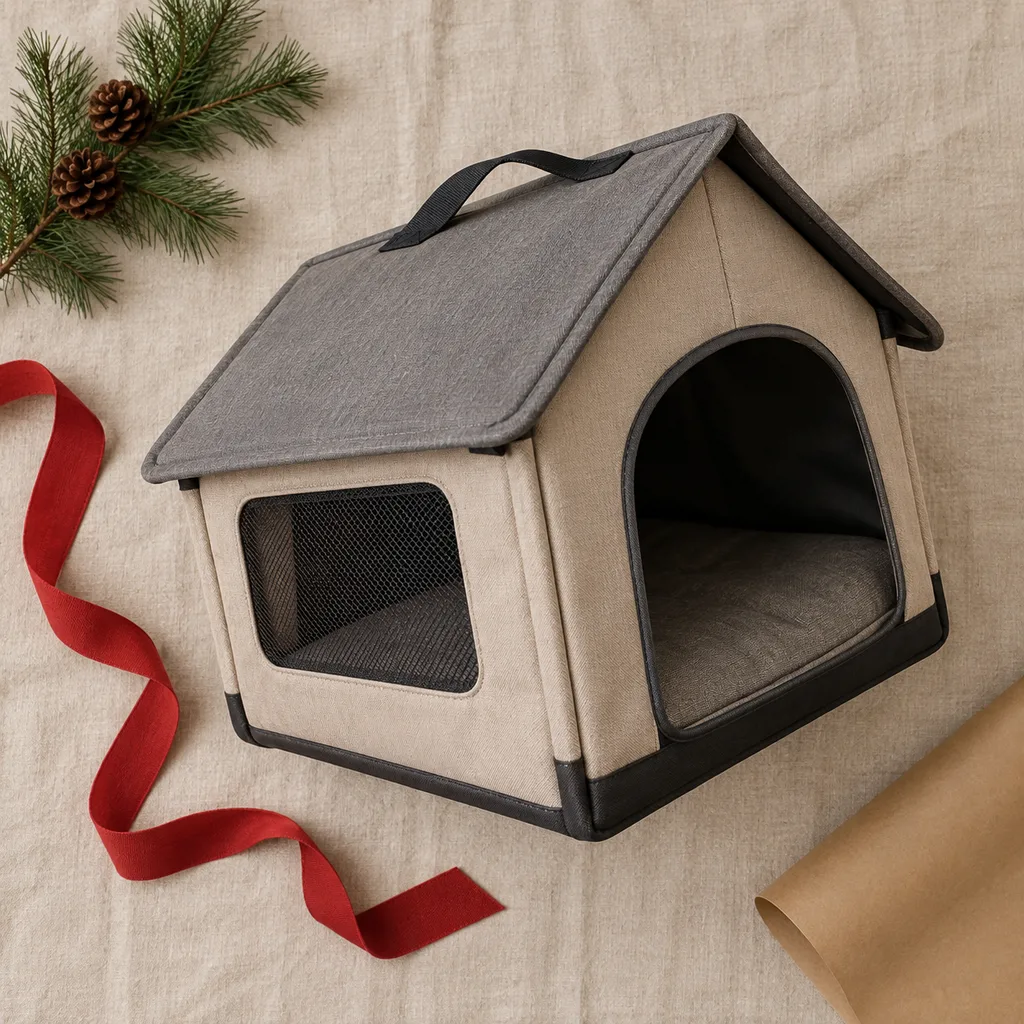 Representative photo-style image of portable travel dog house — generated, not a specific product