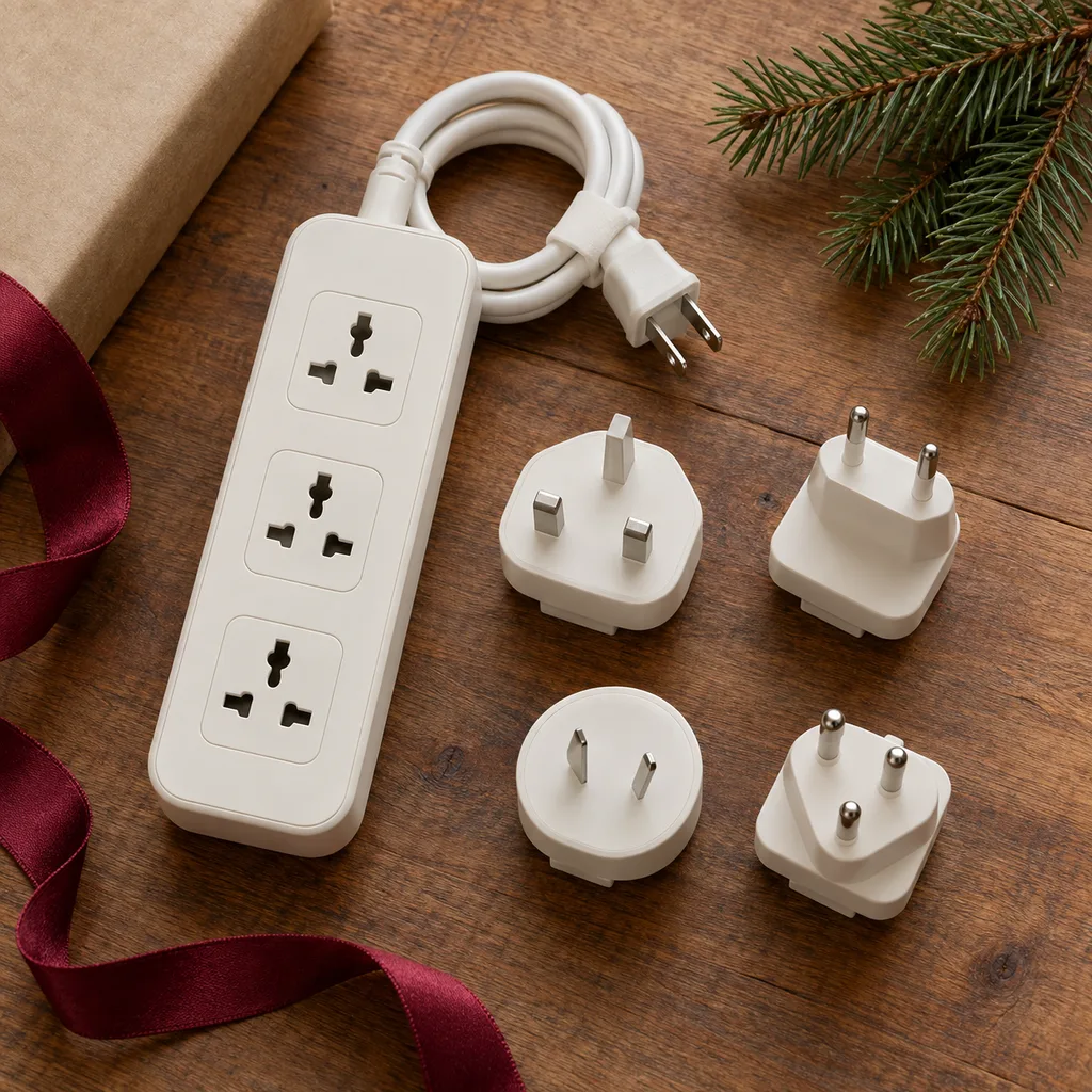 Representative photo-style image of portable travel power strip with adapters — generated, not a specific product