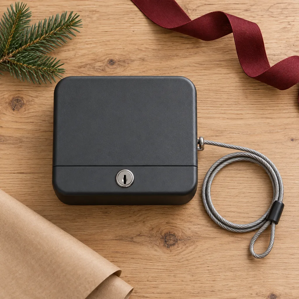 Representative photo-style image of portable travel security box — generated, not a specific product