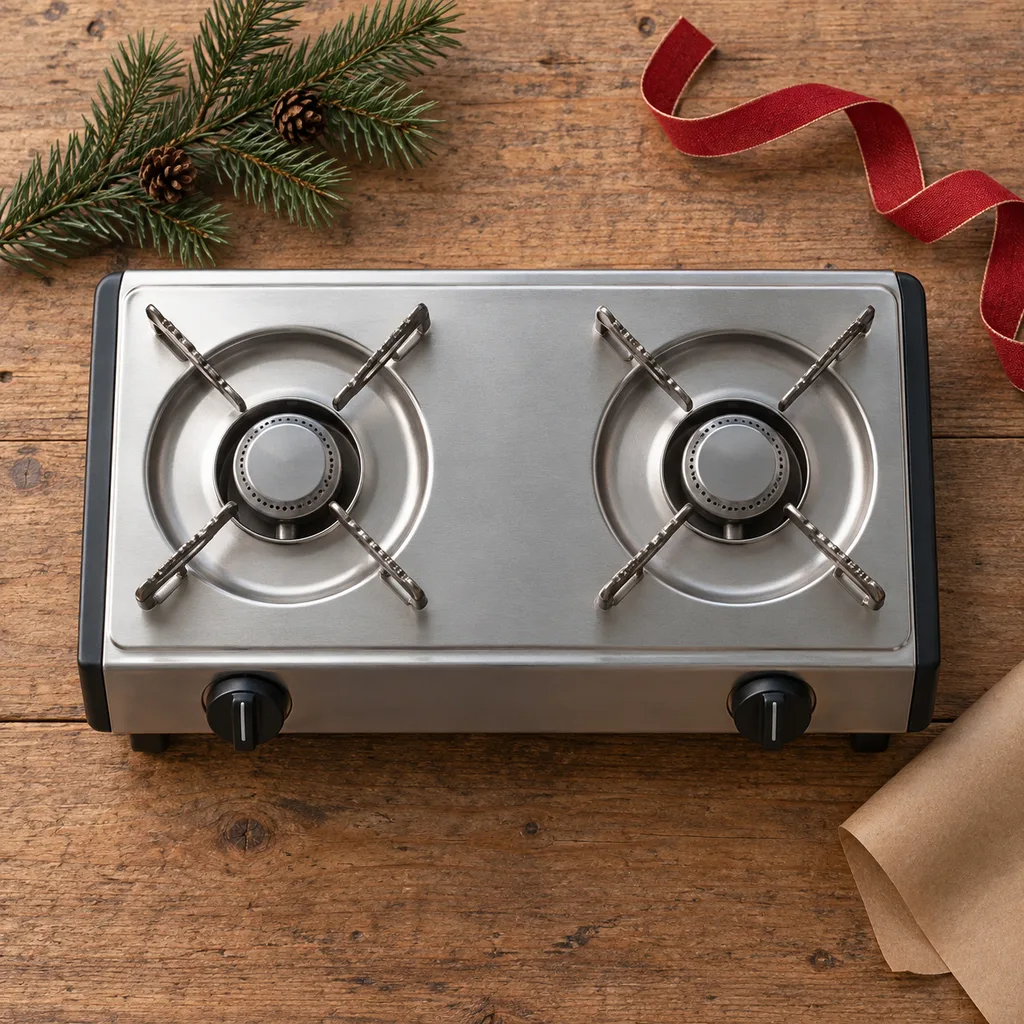 Representative photo-style image of two burner propane stove — generated, not a specific product