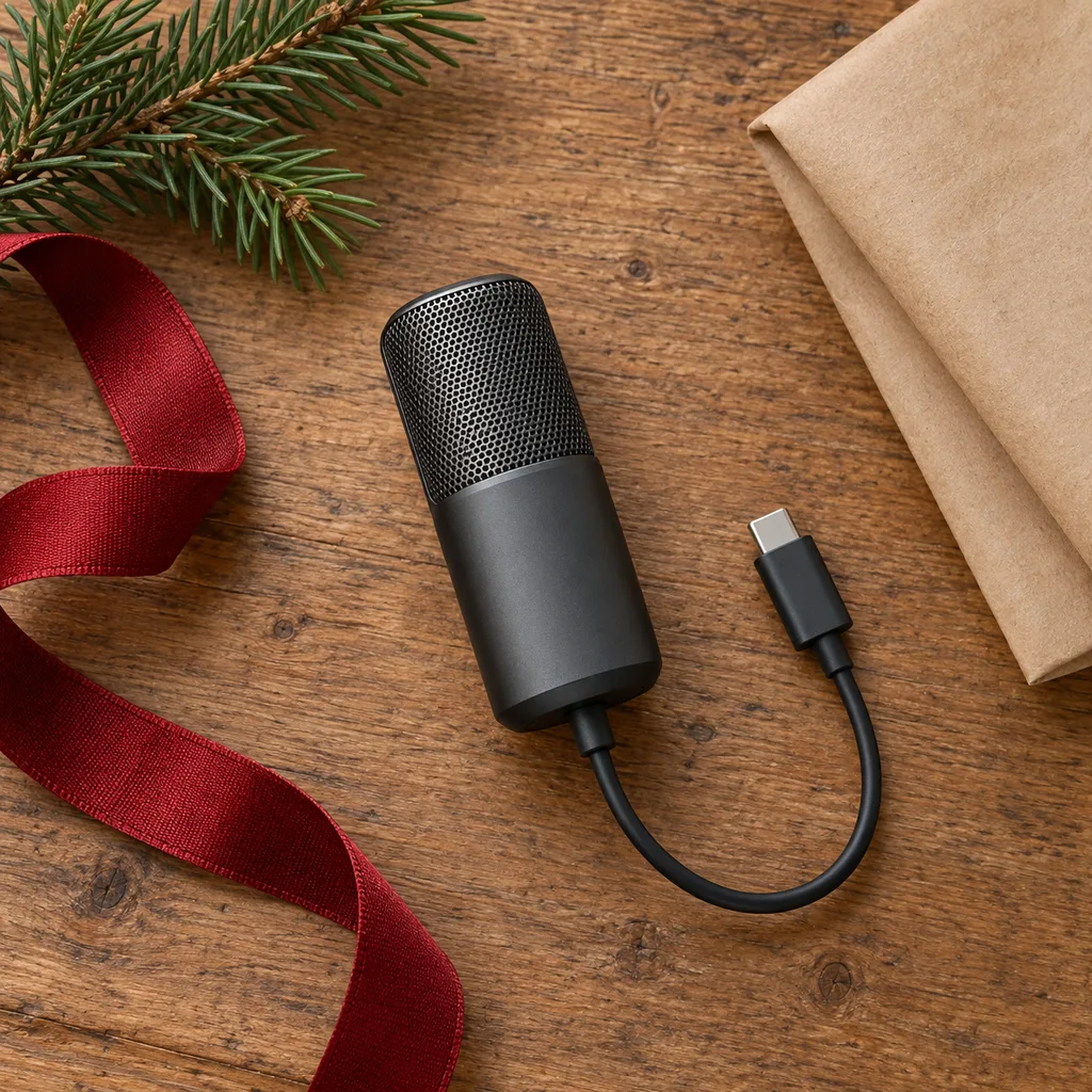 Representative photo-style image of portable usb-c microphone for mobile devices — generated, not a specific product