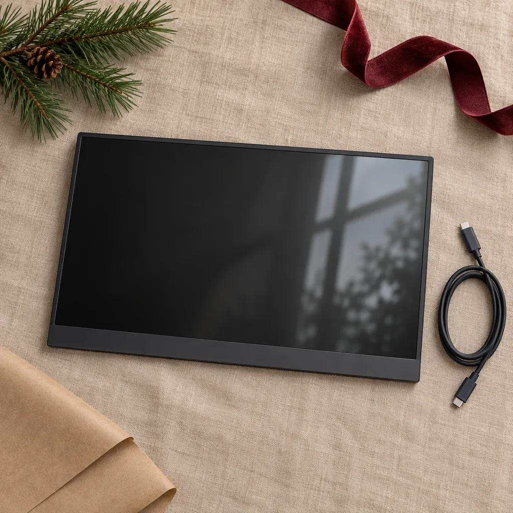 Representative photo-style image of portable usb-c travel monitor — generated, not a specific product
