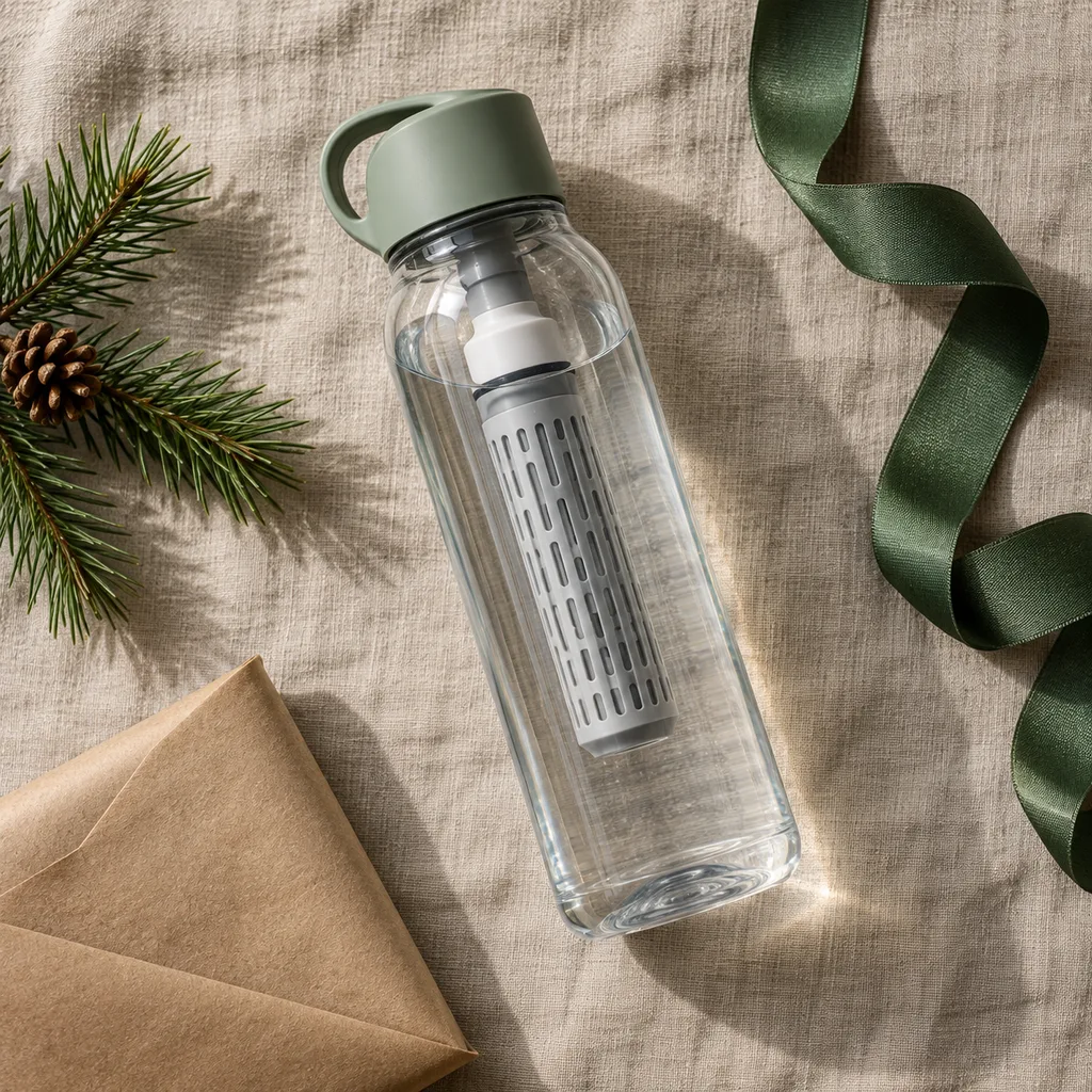 Representative photo-style image of portable water filter bottle — generated, not a specific product