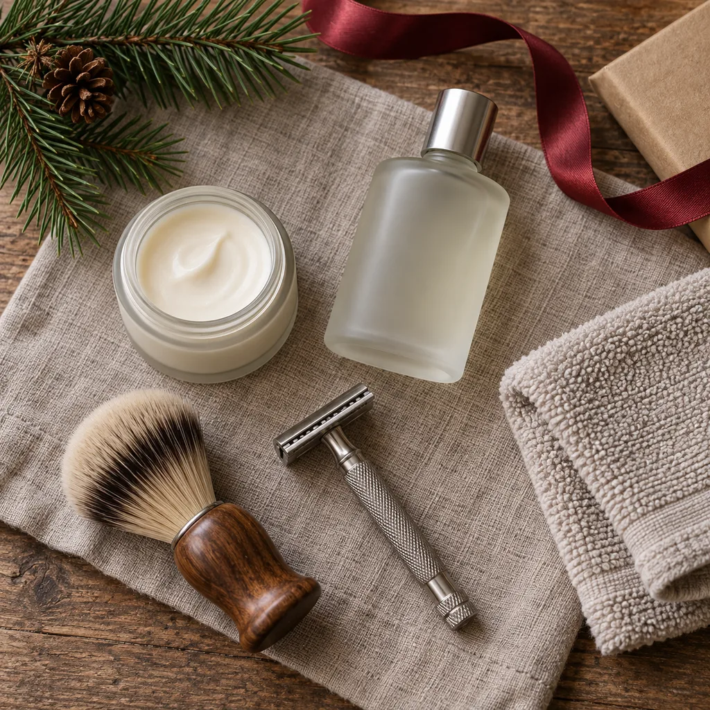 Representative photo-style image of post-shave comfort kit — generated, not a specific product