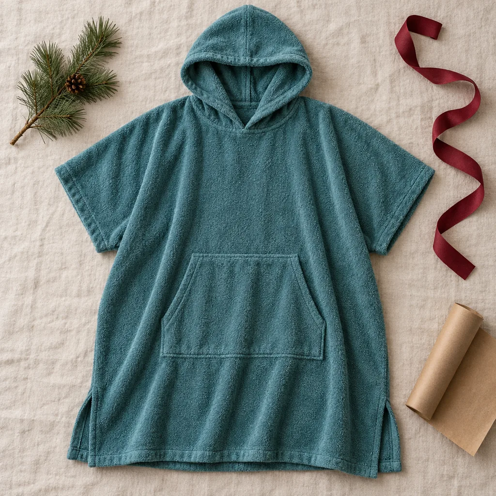 Representative photo-style image of post-surf changing robe — generated, not a specific product