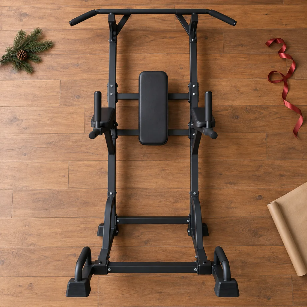 Representative photo-style image of power tower pull-up dip station — generated, not a specific product