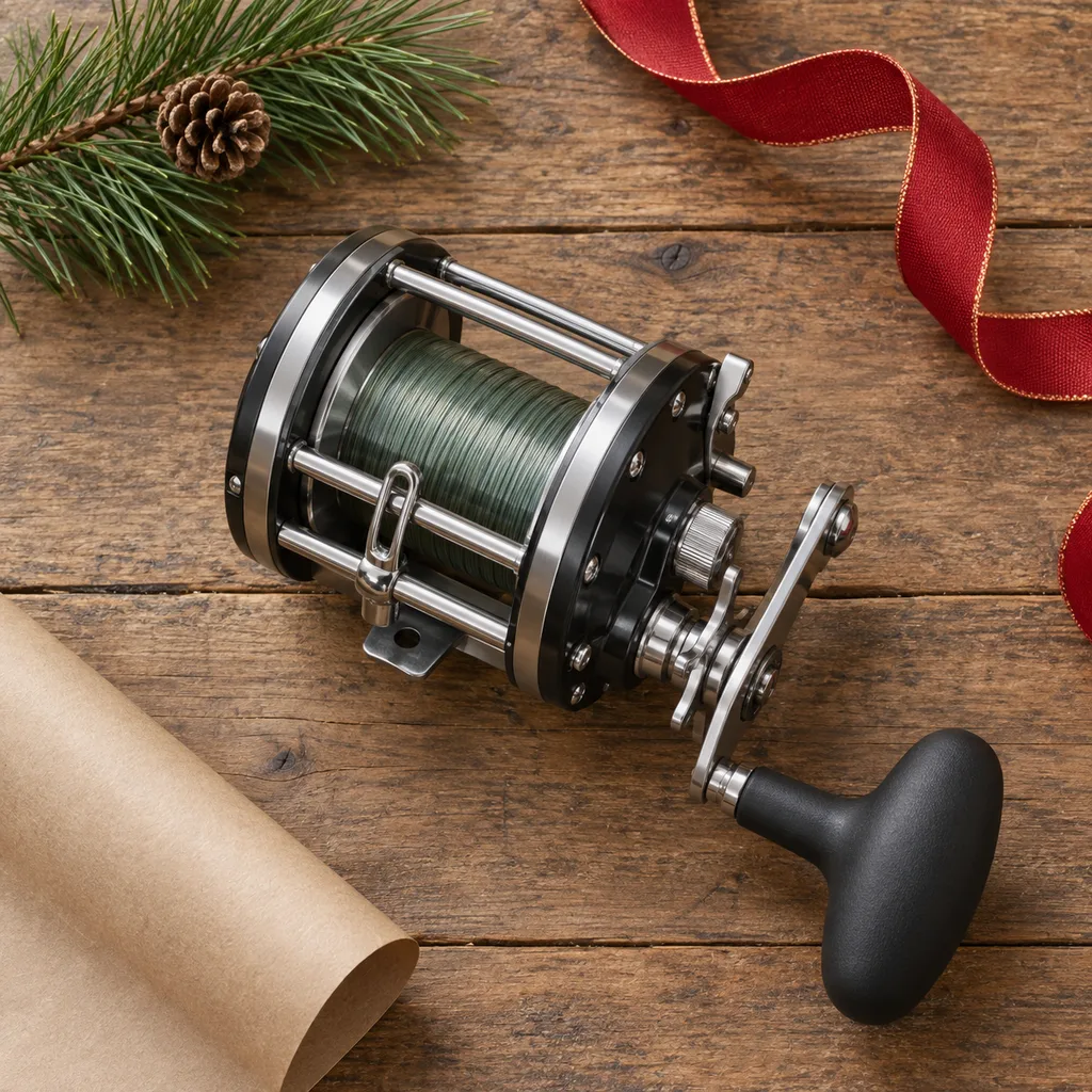 Representative photo-style image of powerful conventional fishing reel — generated, not a specific product