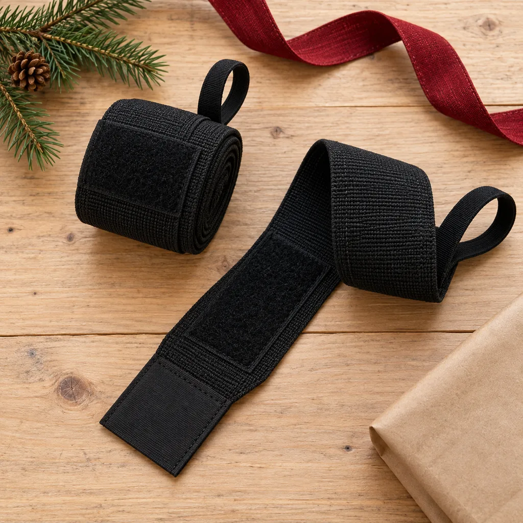 Representative photo-style image of powerlifting wrist wraps — generated, not a specific product