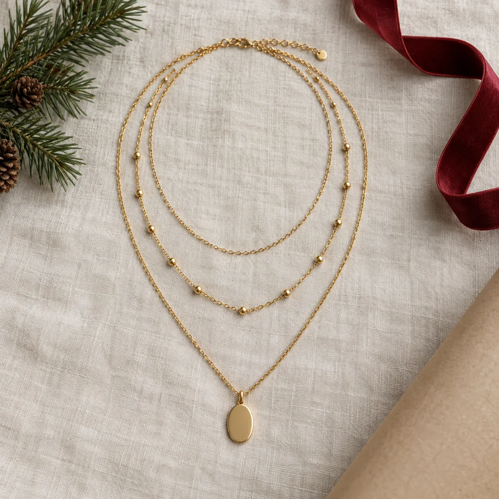 Representative photo-style image of pre-styled layered necklace set — generated, not a specific product