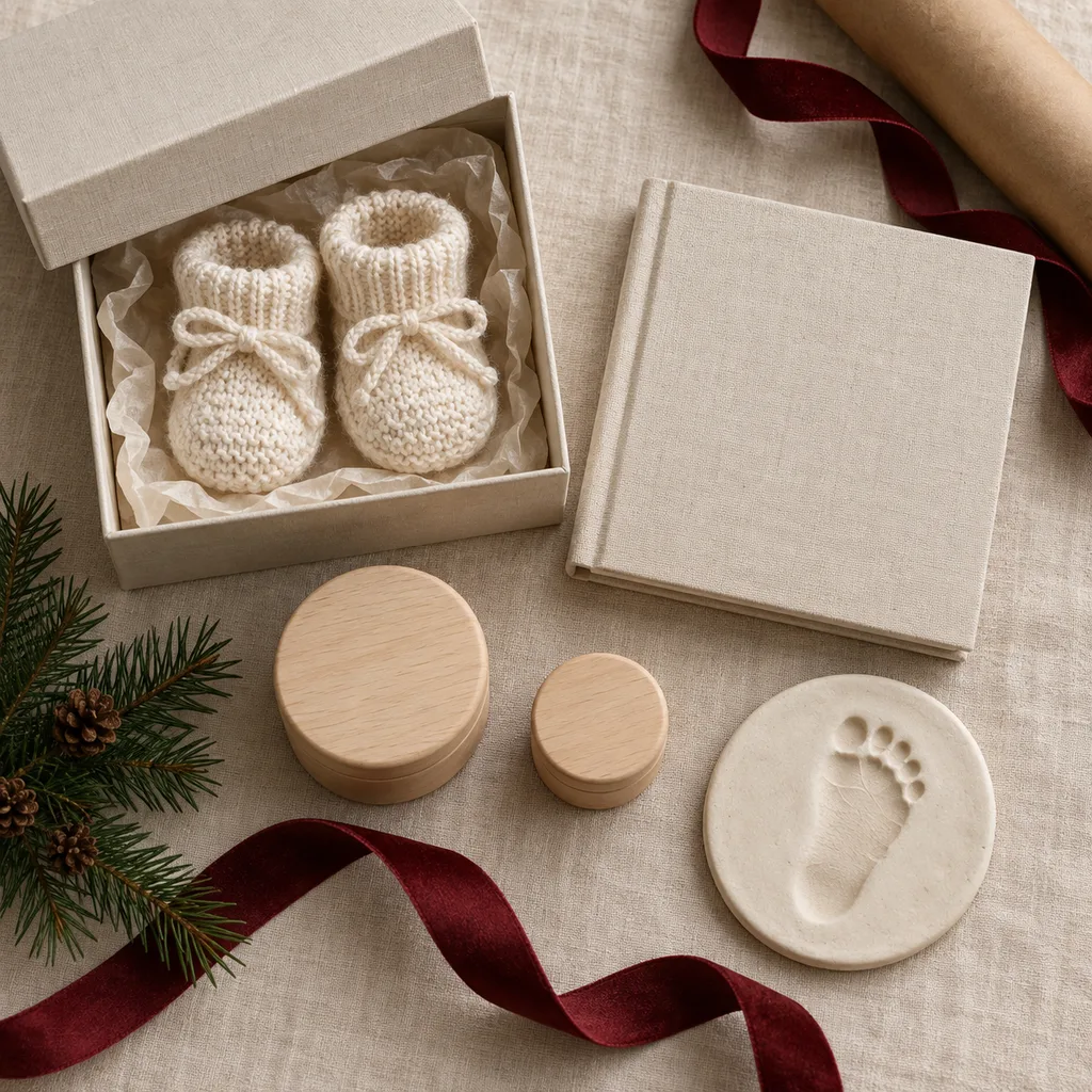 Representative photo-style image of precious baby keepsake memory set — generated, not a specific product