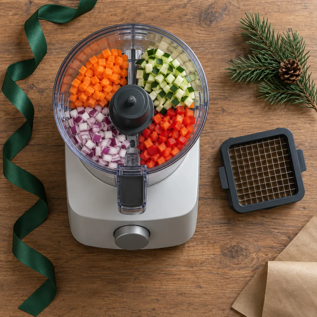 Representative photo-style image of precision dicing food processor — generated, not a specific product