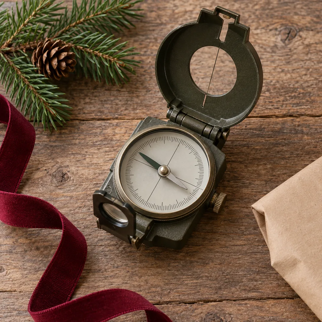 Representative photo-style image of precision lensatic sighting compass — generated, not a specific product