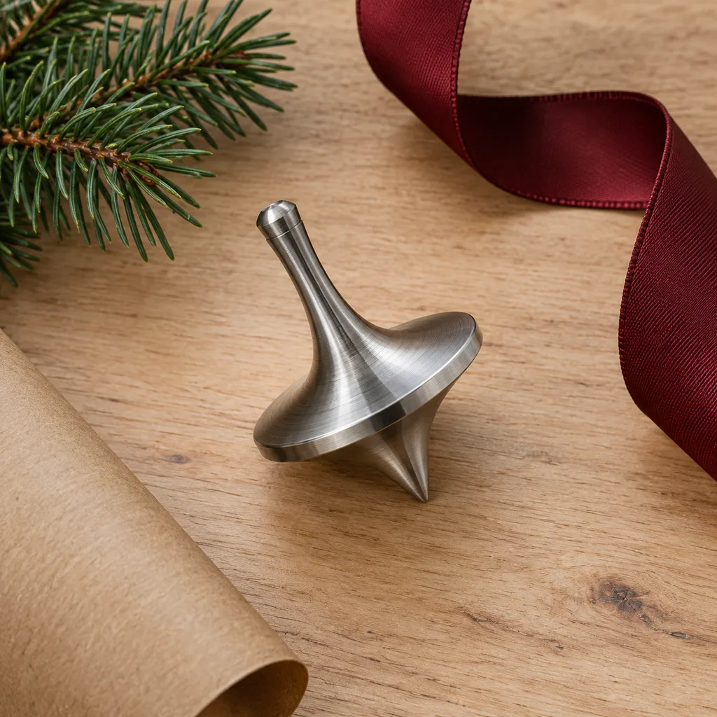 Representative photo-style image of precision metal spinning top — generated, not a specific product