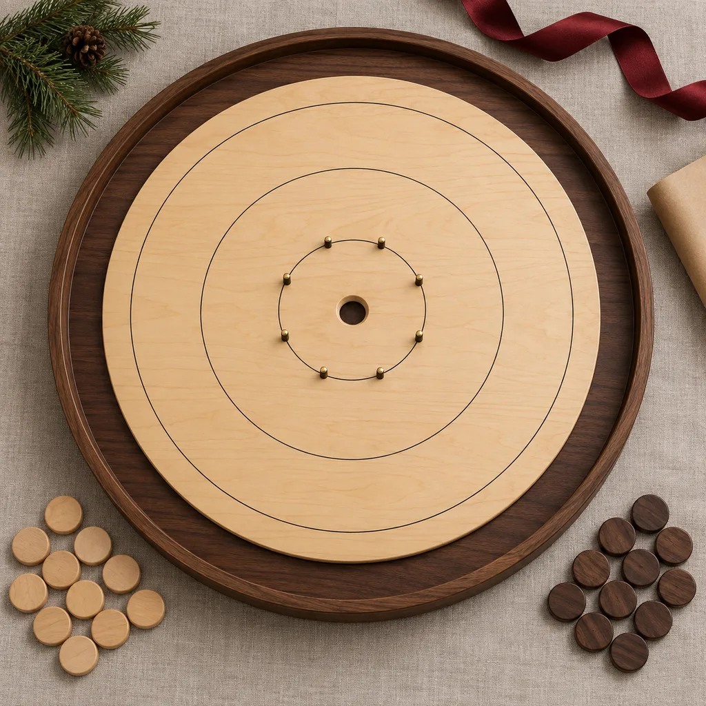 Representative photo-style image of premium deluxe crokinole game set — generated, not a specific product