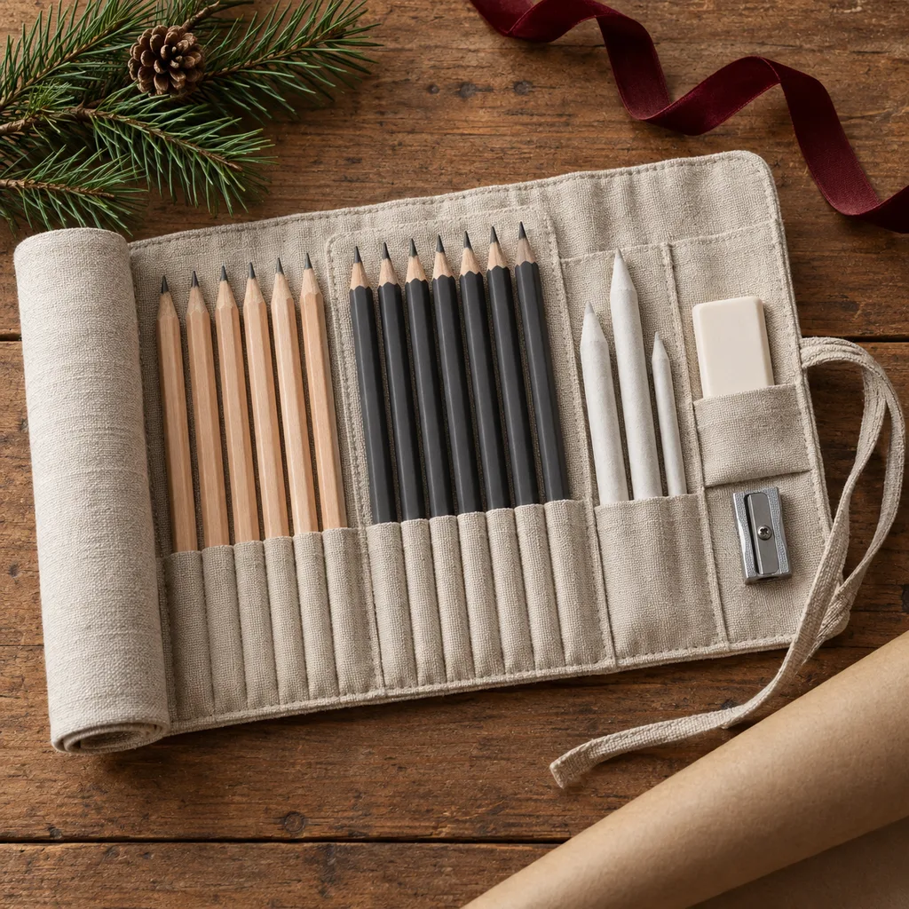 Representative photo-style image of premium drawing pencil kit — generated, not a specific product