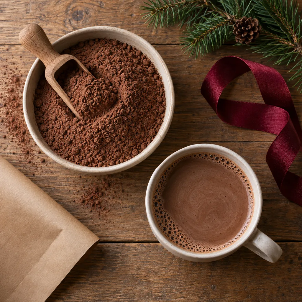 Representative photo-style image of premium hot chocolate powder mix — generated, not a specific product