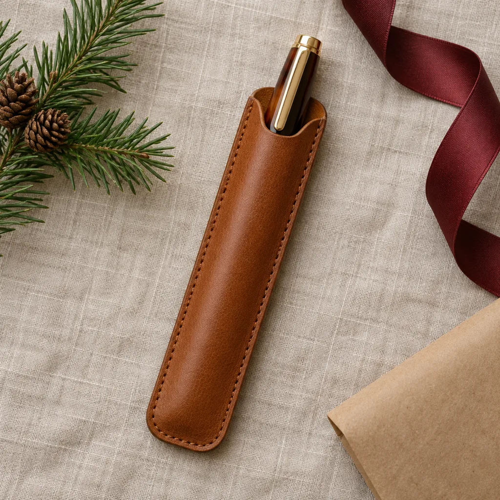 Representative photo-style image of premium leather pen sleeve — generated, not a specific product