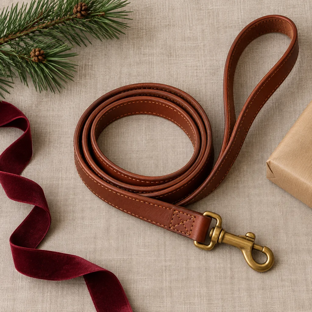 Representative photo-style image of premium leather pet leash — generated, not a specific product