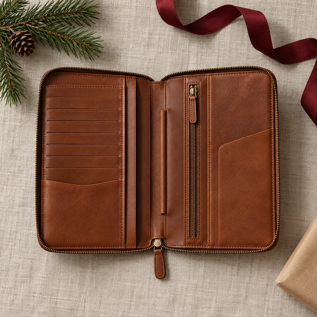 Representative photo-style image of premium leather travel wallet organizer — generated, not a specific product