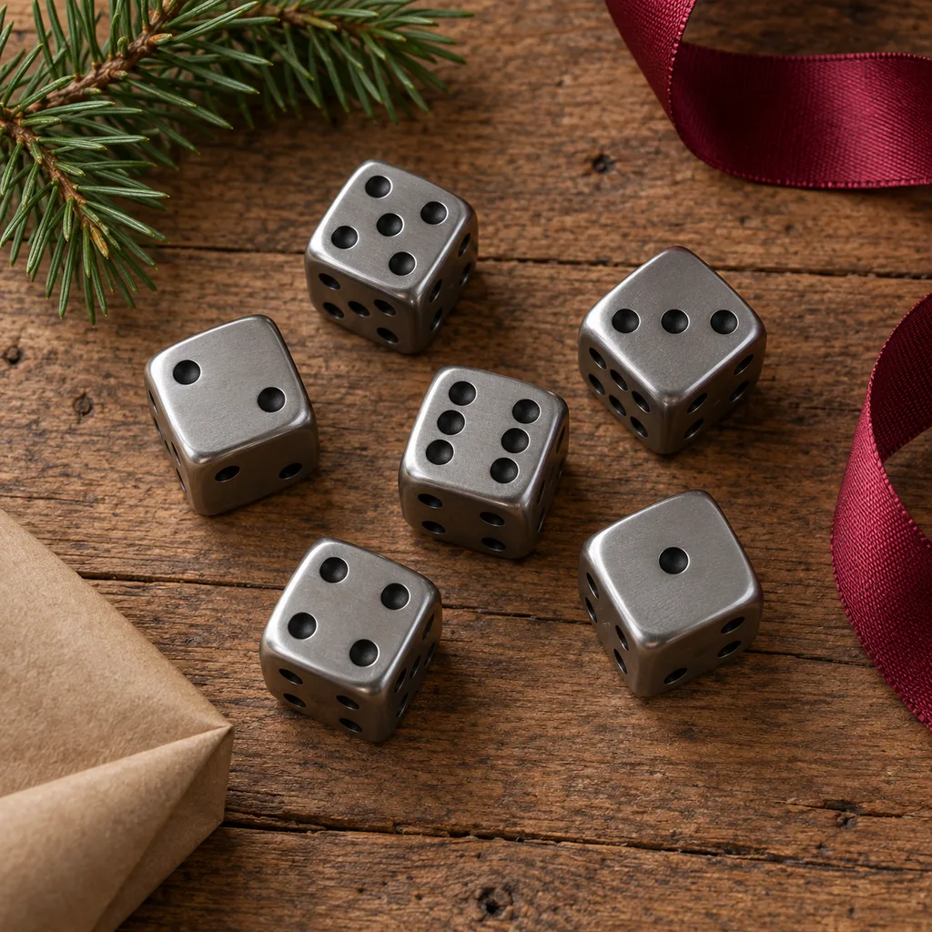 Representative photo-style image of metal dice — generated, not a specific product