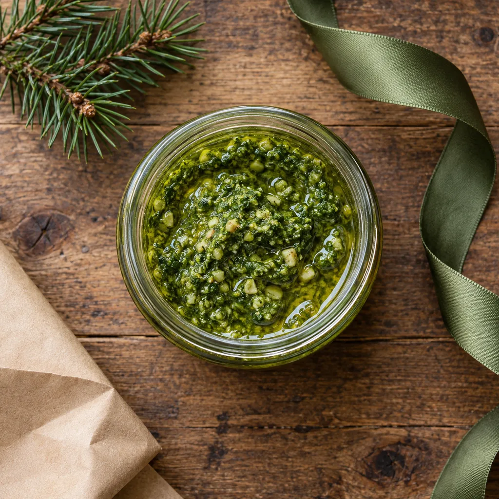 Representative photo-style image of premium pesto sauce jar — generated, not a specific product