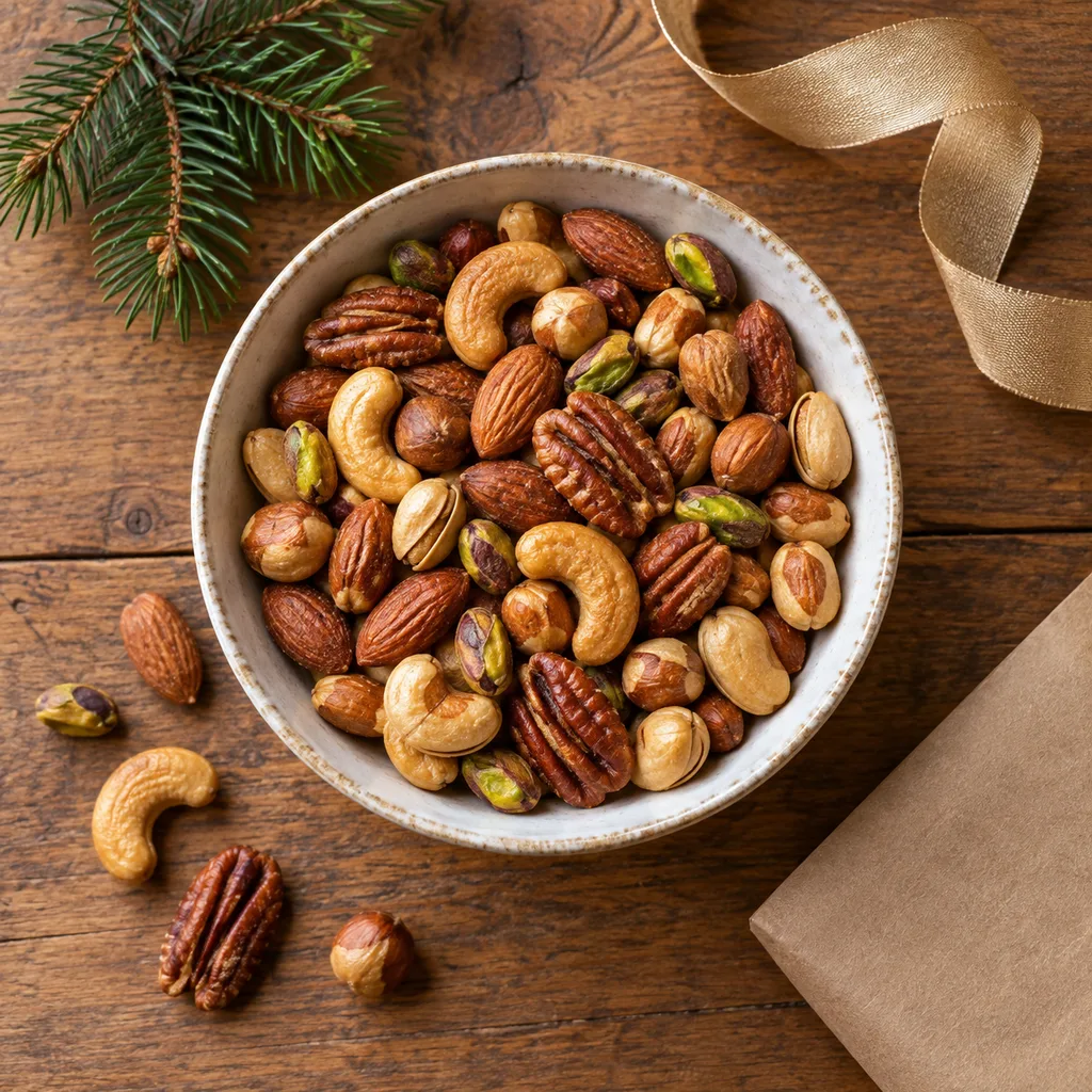 Representative photo-style image of premium roasted nut mix assortment — generated, not a specific product