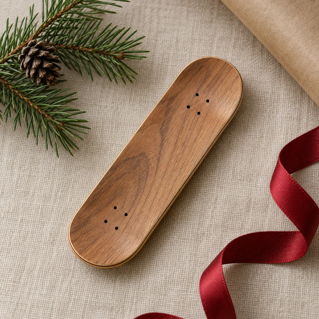 Representative photo-style image of premium wooden fingerboard deck — generated, not a specific product