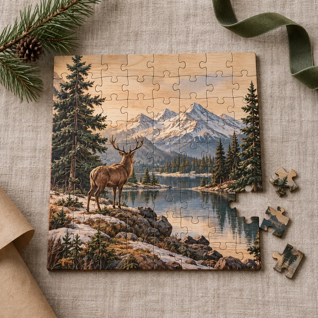 Representative photo-style image of premium wooden jigsaw puzzle — generated, not a specific product