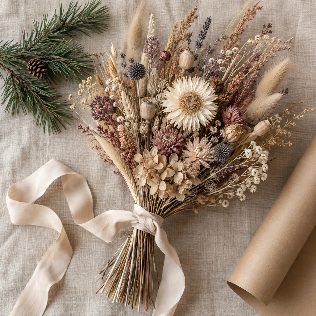 Representative photo-style image of dried flower arrangements — generated, not a specific product