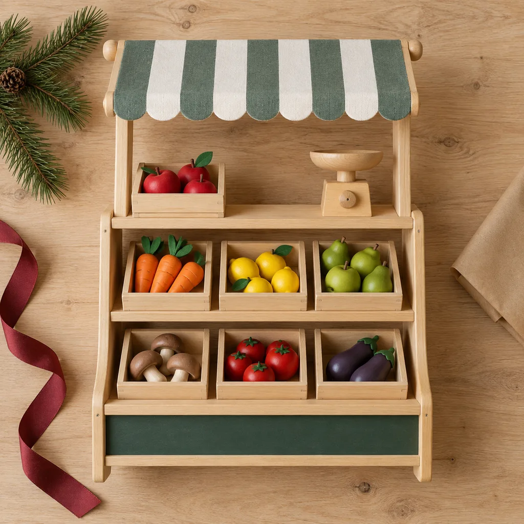 Representative photo-style image of pretend play market stand — generated, not a specific product
