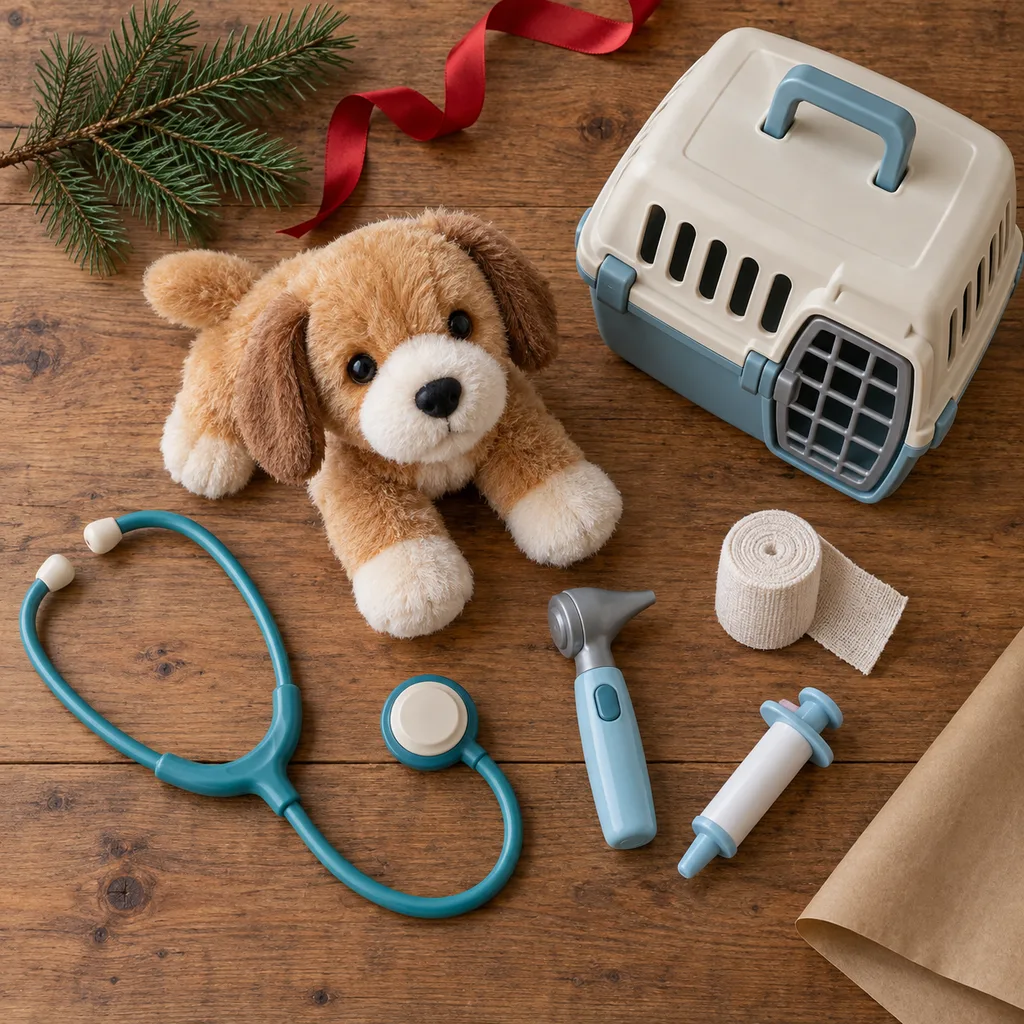 Representative photo-style image of pretend vet clinic play set — generated, not a specific product