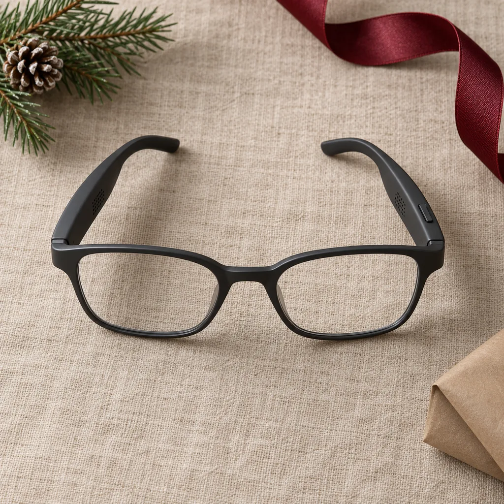 Representative photo-style image of privacy-enhanced audio glasses — generated, not a specific product