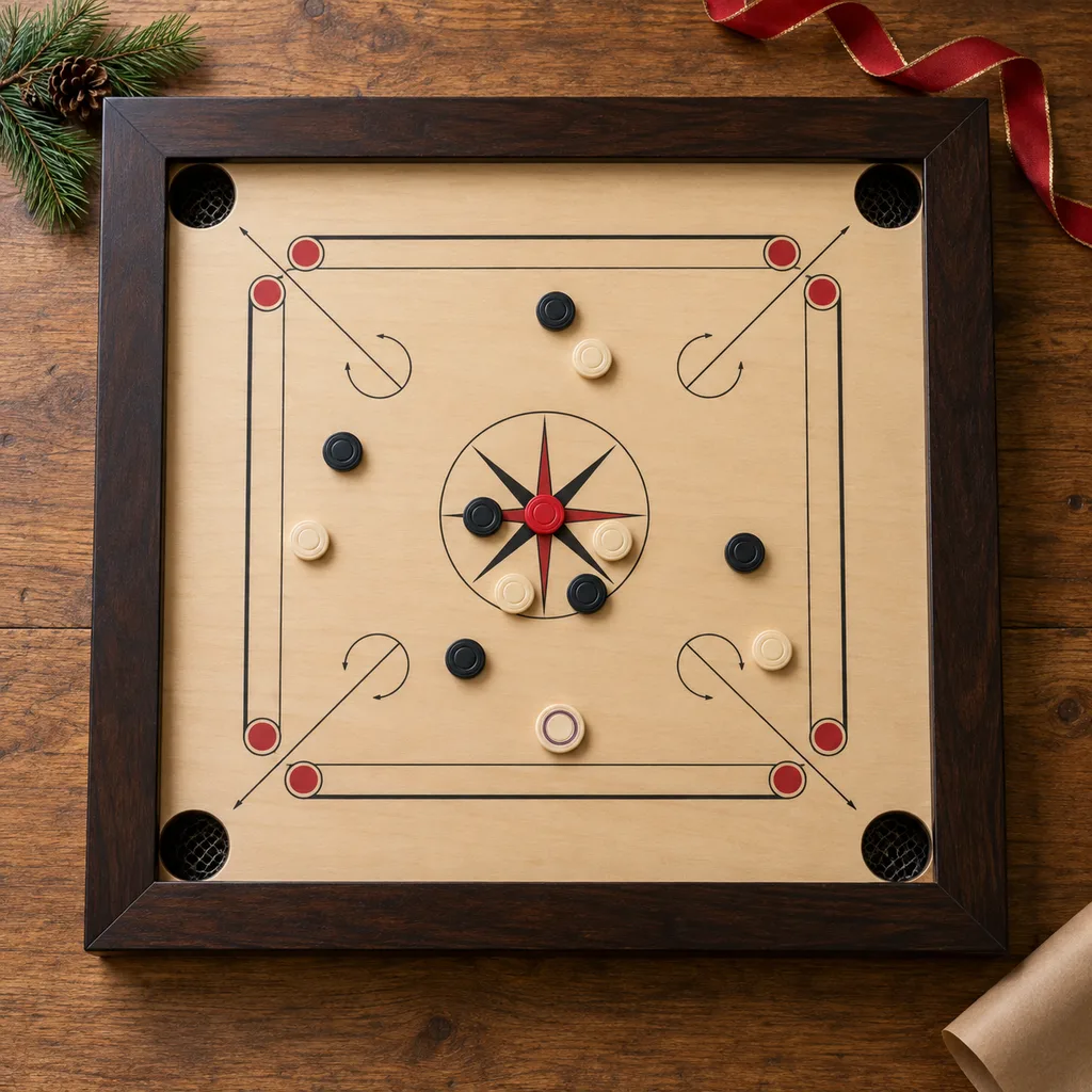 Representative photo-style image of professional grade carrom playing board — generated, not a specific product