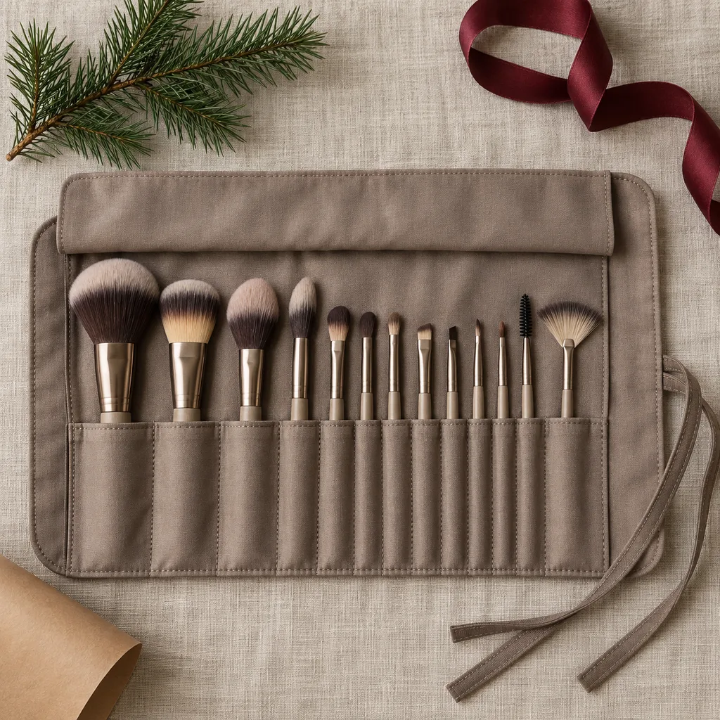 Representative photo-style image of professional makeup brush roll — generated, not a specific product