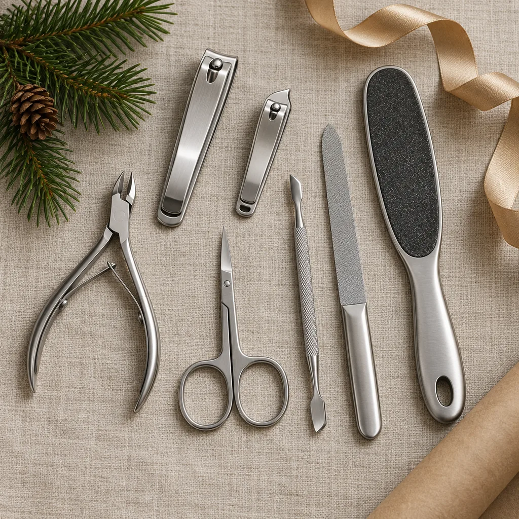 Representative photo-style image of professional manicure and pedicure tool set — generated, not a specific product