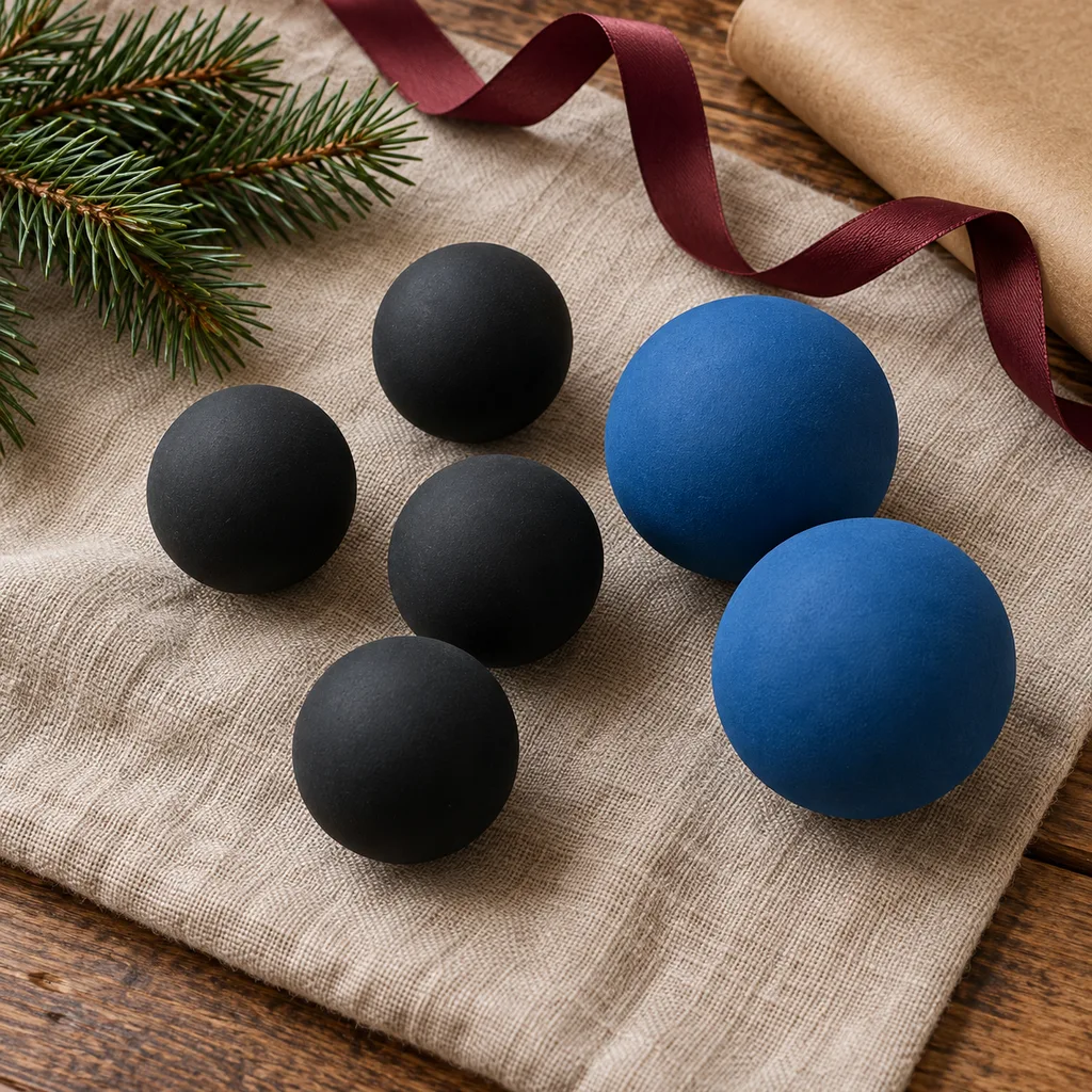 Representative photo-style image of professional squash balls set — generated, not a specific product