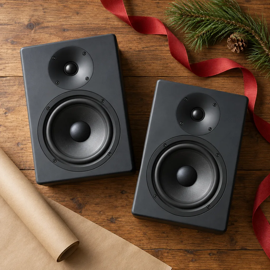 Representative photo-style image of professional studio monitor speakers — generated, not a specific product