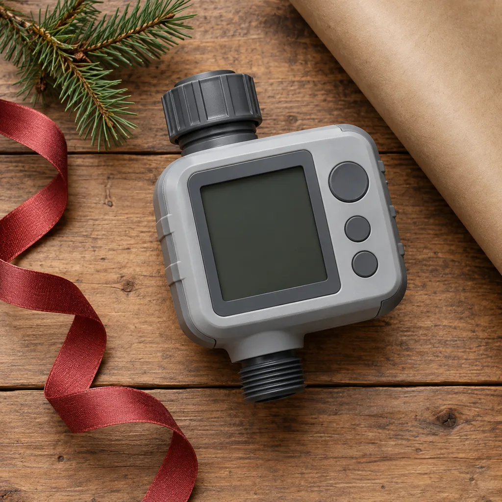 Representative photo-style image of programmable smart water timer — generated, not a specific product
