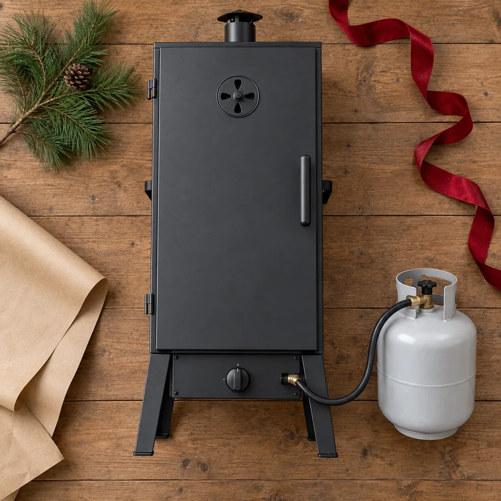 Representative photo-style image of propane gas vertical smoker — generated, not a specific product