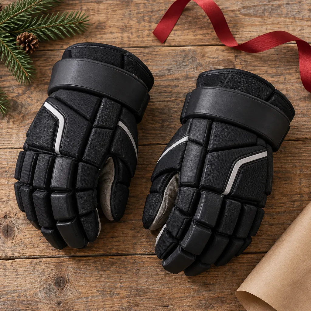 Representative photo-style image of protective hockey gloves — generated, not a specific product