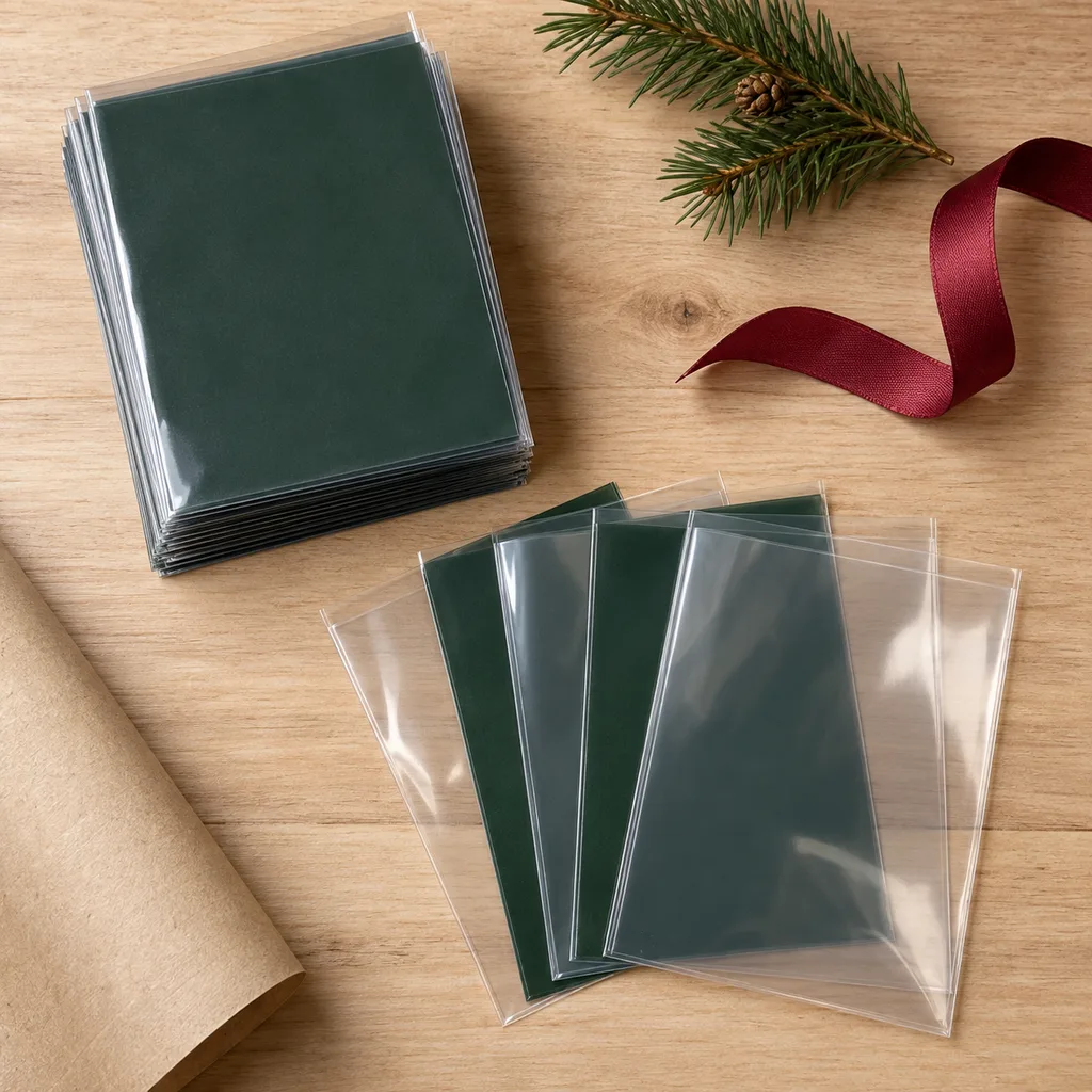 Representative photo-style image of protective trading card sleeves — generated, not a specific product