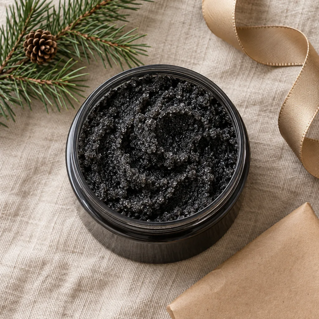 Representative photo-style image of purifying charcoal detox body scrub — generated, not a specific product