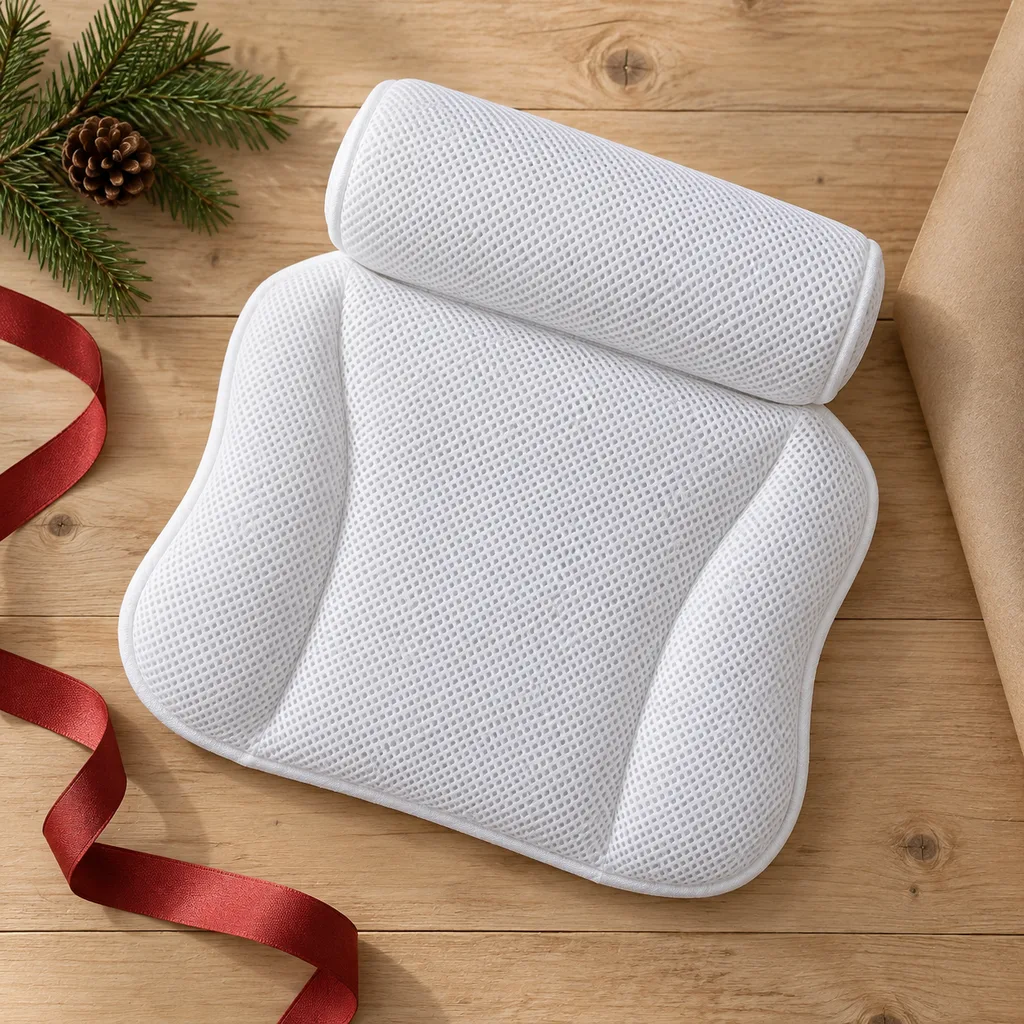 Representative photo-style image of quick-drying mesh bath pillow — generated, not a specific product